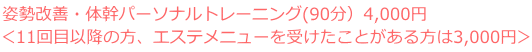 姿勢改善・体幹パーソナルトレーニング(90分)4,000円 <11回目以降の方、エステメニューを受けたことがある方は3,000円>