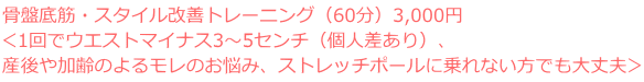 骨盤底筋・スタイル改善トレーニング(60分)3,000円 <1回でウエストマイナス3~5センチ(個人差あり)、 産後や加齢のよるモレのお悩み、ストレッチポールに乗れない方でも大丈夫>