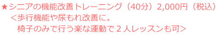 ★シニアの機能改善コース(40分)2,000円(税込) <歩行機能や尿もれ改善に。 椅子のみで行う楽な運動で2人レッスンも可>